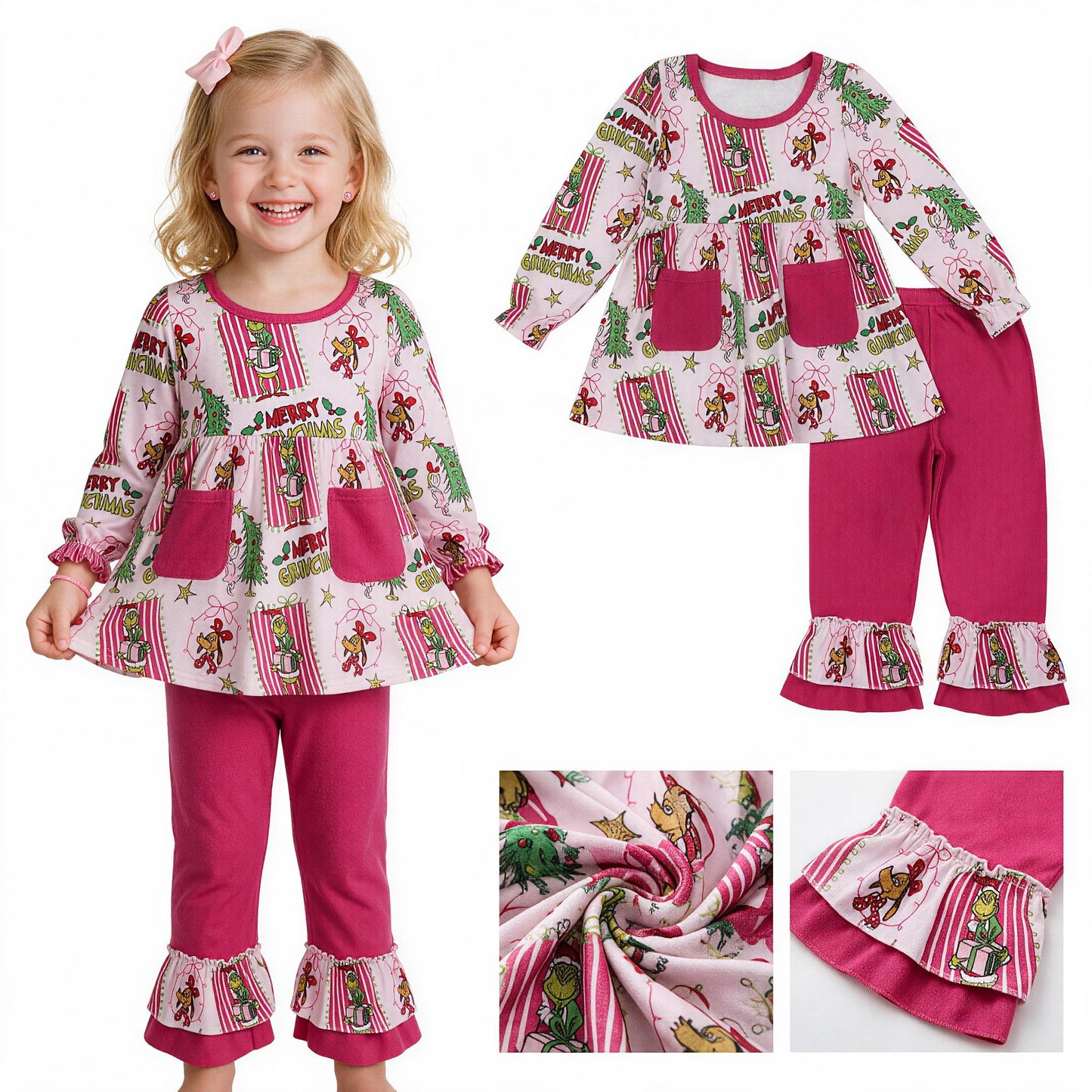 Baby Girls Green Frogs Pockets Tunic Ruffle Pant Merry Christmas Clothes Set