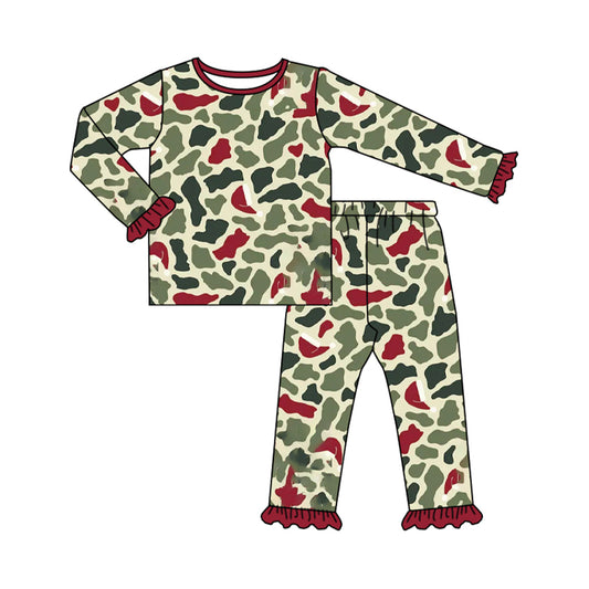 Preorder moq 5 Baby Girls Green Red Camo Top Ruffle Pant Christmas Pajamas Sets