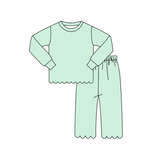 Preorder moq 5 Baby Girls Aqua Long Sleeve Shirt Top Pant Scallop Clothes Pajamas Sets