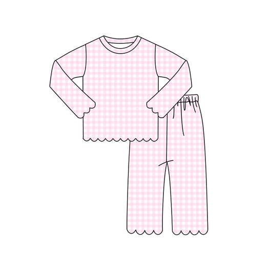 Preorder moq 5 Baby Girls Pink Checked Shirt Top Pant Scallop Clothes Pajamas Sets