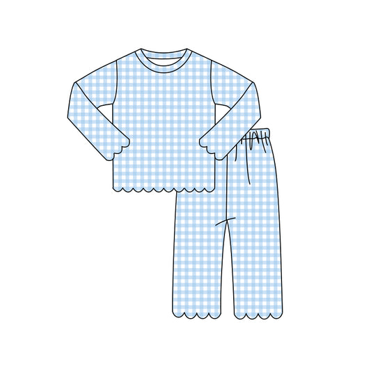 Preorder moq 5 Baby Girls Blue Checked Shirt Top Pant Scallop Clothes Pajamas Sets