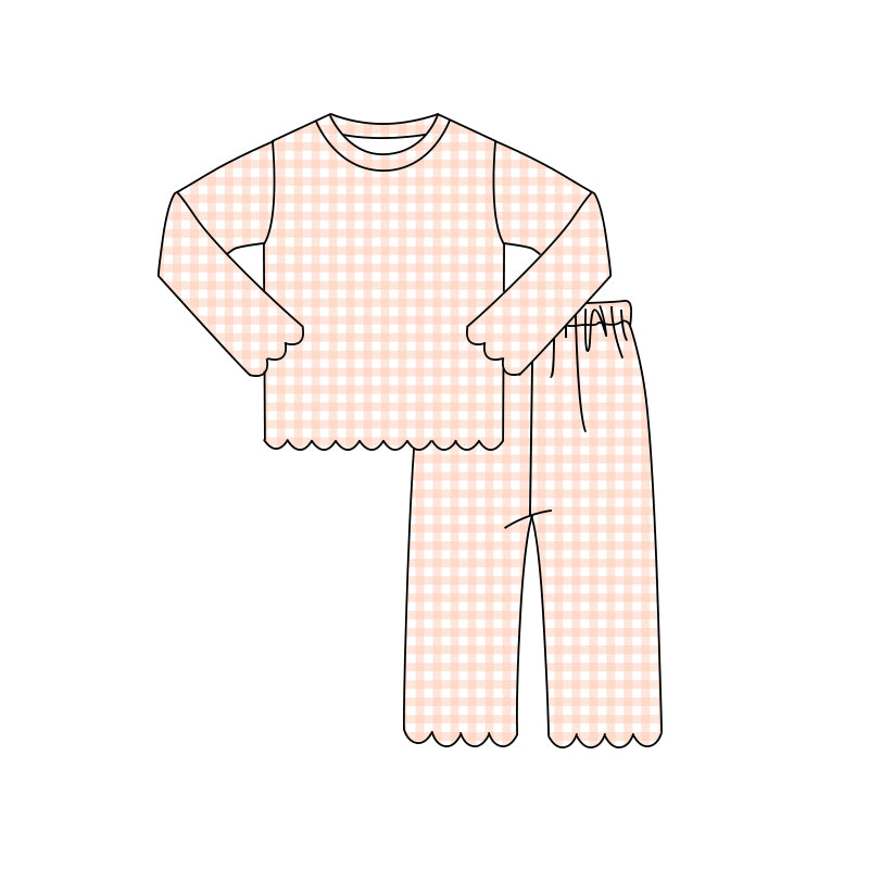 Preorder moq 5 Baby Girls Peach Checked Shirt Top Pant Scallop Clothes Pajamas Sets