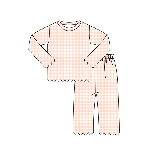 Preorder moq 5 Baby Girls Peach Checked Shirt Top Pant Scallop Clothes Pajamas Sets
