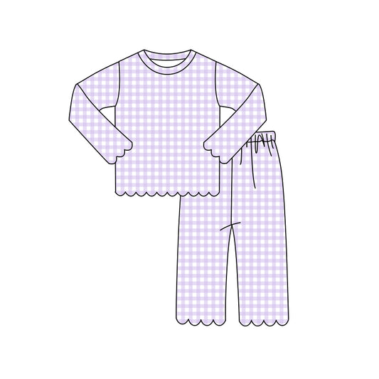 Preorder moq 5 Baby Girls Purple Checked Shirt Top Pant Scallop Clothes Pajamas Sets