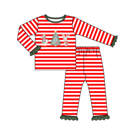 Preorder moq 5 Baby Girls Red Stripe Ducks Deer Trees Top Ruffle Pant Christmas Pajamas Sets