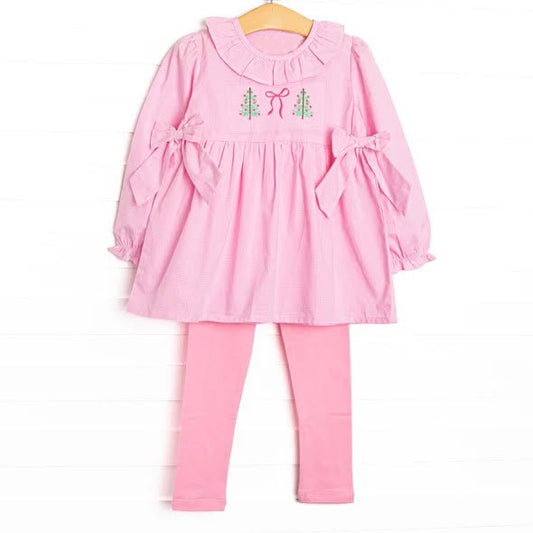 Preorder moq 5 Baby Girls Pink Bows Trees Tunic Leggings Christmas Clothes Sets