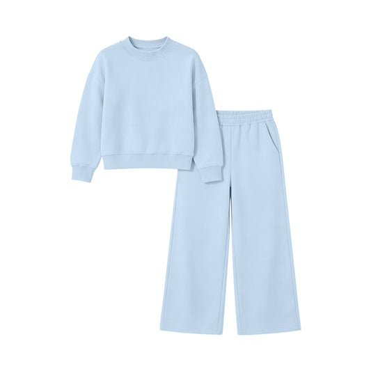 Preorder moq 5 Baby Girls Light Blue Long Sleeve Shirt Top Pockets Flare Pant Clothes Set