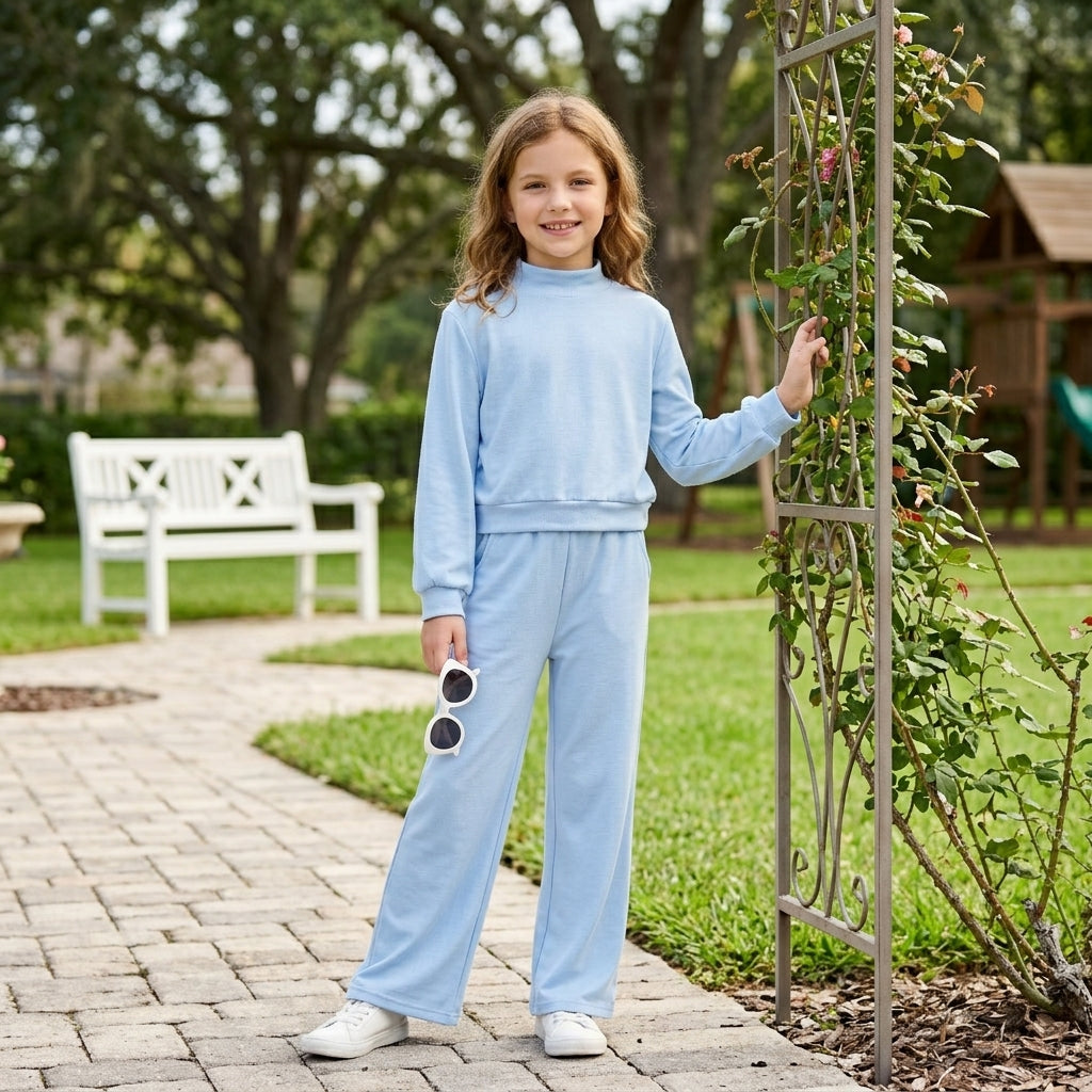 Baby Girls Light Blue Choker Shirt Top Pockets Flare Pant Clothes Set