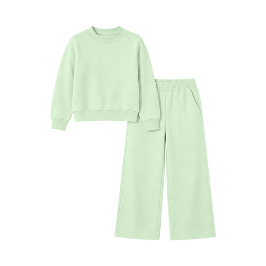 Preorder moq 5 Baby Girls Light Green Long Sleeve Shirt Top Pockets Flare Pant Clothes Set