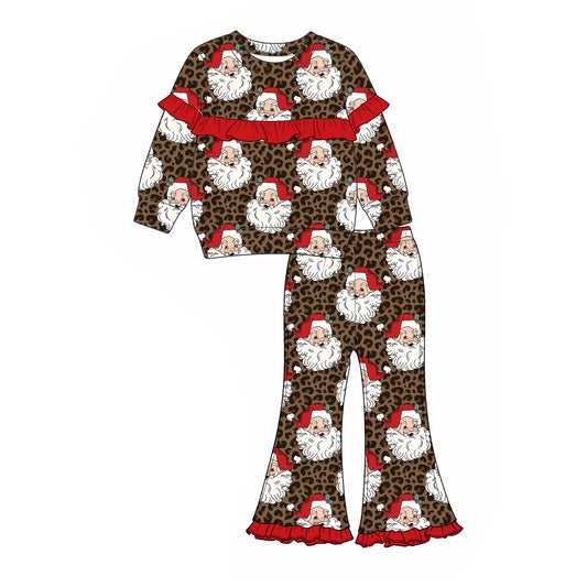 Preorder moq 5 Baby Girls Leopard Santa Top Flare Pant Christmas Clothes Set