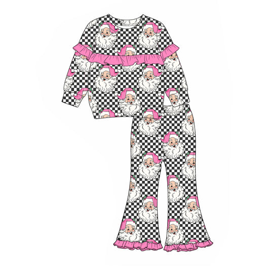 Preorder moq 5 Baby Girls Black Checked Santa Top Flare Pant Christmas Clothes Set