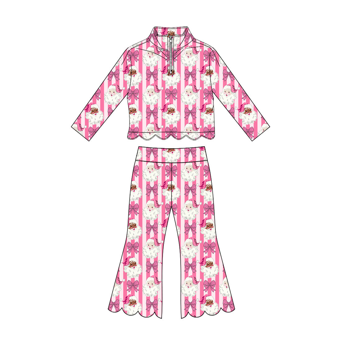 Preorder moq 5 Baby Girls Pink Stripe Bows Santa Zip Pullover Flare Pant Christmas Scallop Clothes Set