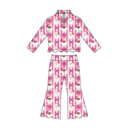 Preorder moq 5 Baby Girls Pink Stripe Bows Santa Zip Pullover Flare Pant Christmas Scallop Clothes Set