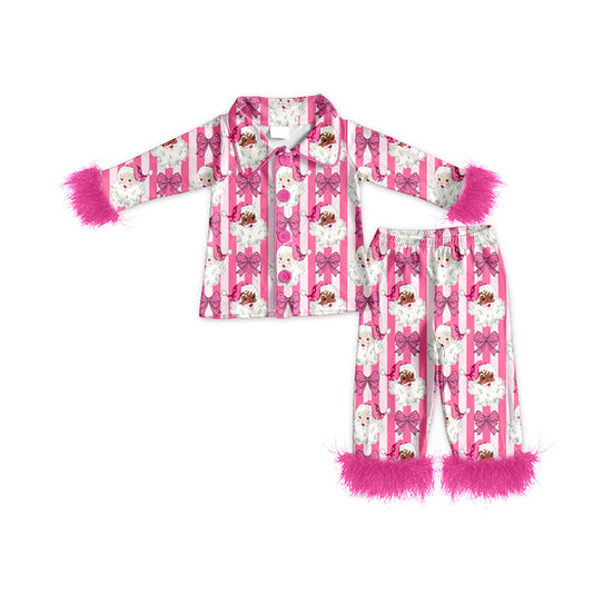 Preorder moq 5 Baby Girls Pink Stripe Bows Santa Button Top Pant Christmas Fur Sleeves Pajamas Set