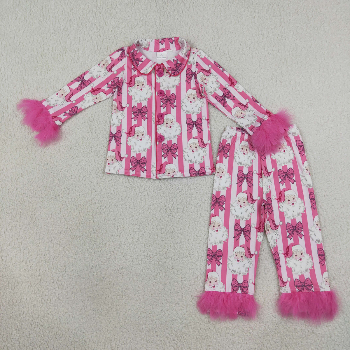 Baby Girls Pink Stripe Bows Santa Button Top Pant Christmas Fur Sleeves Pajamas Set