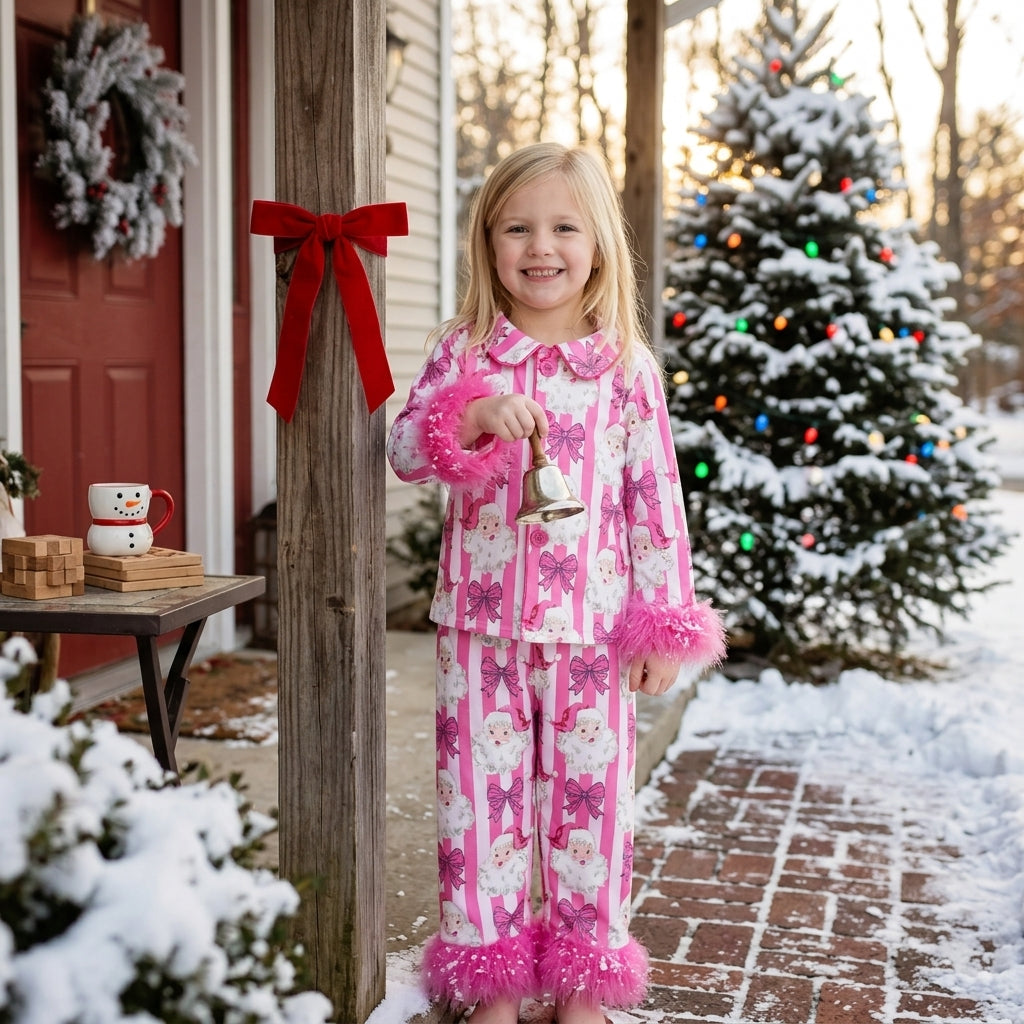 Baby Girls Pink Stripe Bows Santa Button Top Pant Christmas Fur Sleeves Pajamas Set