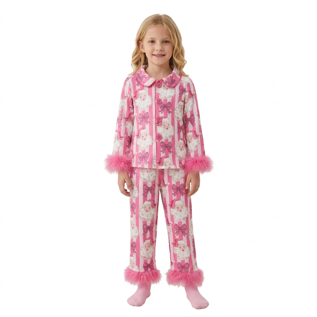Baby Girls Pink Stripe Bows Santa Button Top Pant Christmas Fur Sleeves Pajamas Set