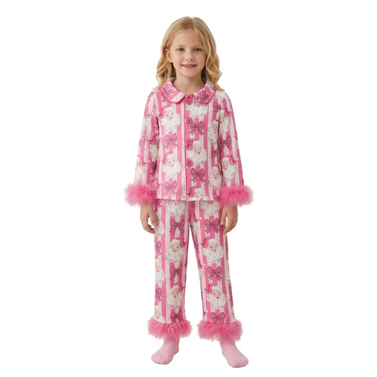 Baby Girls Pink Stripe Bows Santa Button Top Pant Christmas Fur Sleeves Pajamas Set