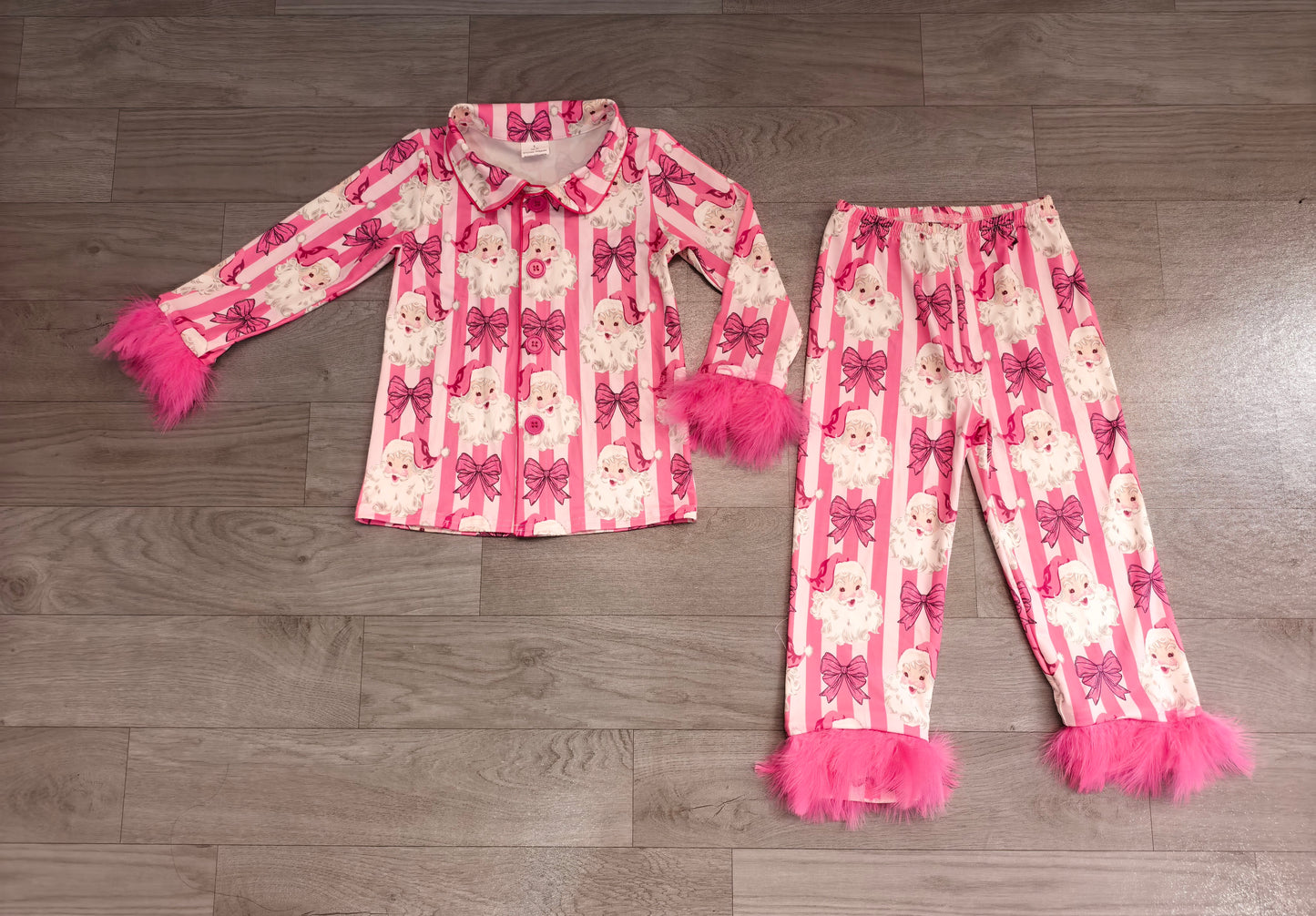 Baby Girls Pink Stripe Bows Santa Button Top Pant Christmas Fur Sleeves Pajamas Set Preorder