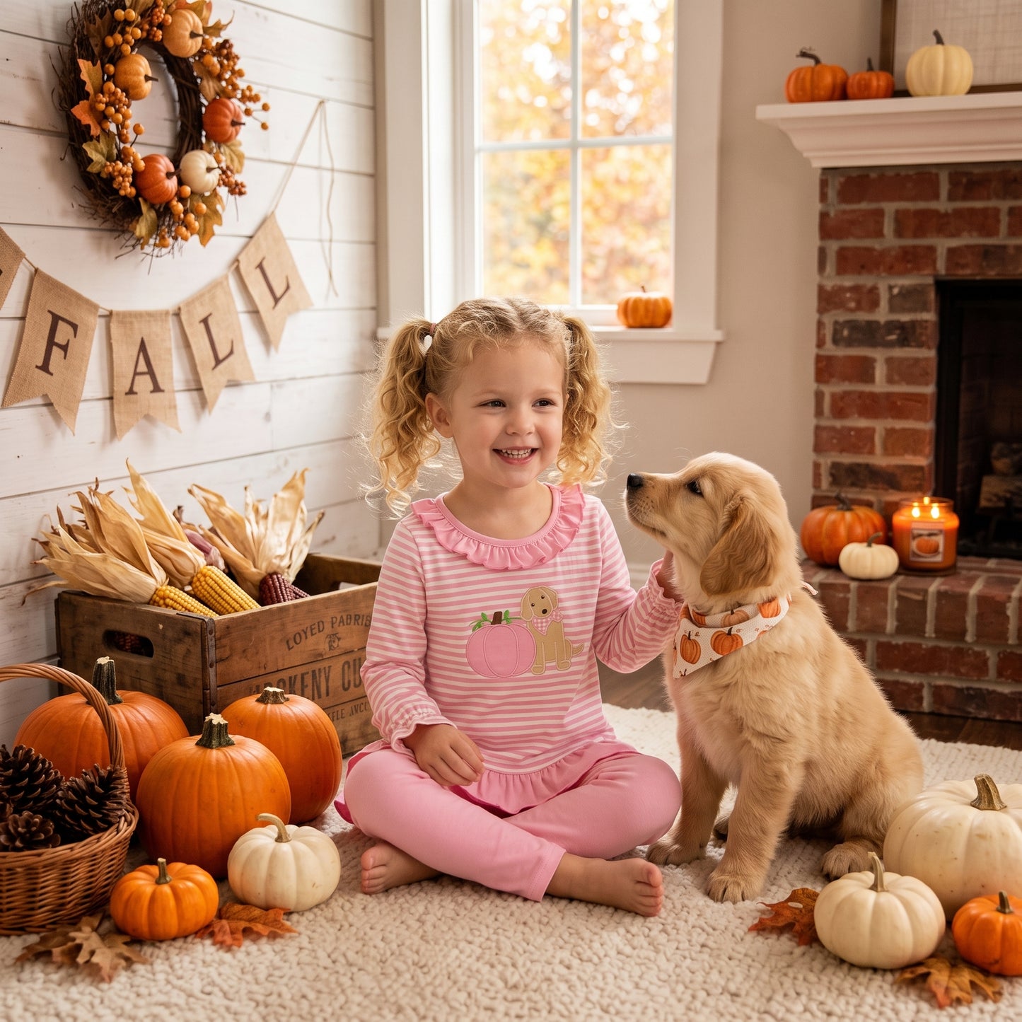 Embroidery Pumpkins Dogs Baby Girls Pink Stripe Tunic Leggings Fall Clothes Sets