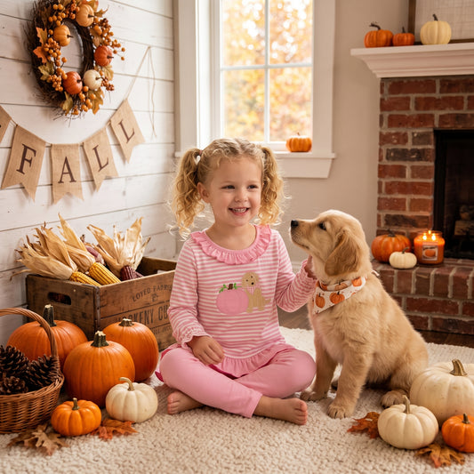 Embroidery Pumpkins Dogs Baby Girls Pink Stripe Tunic Leggings Fall Clothes Sets