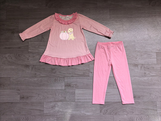 Embroidery Pumpkins Dogs Baby Girls Pink Stripe Tunic Leggings Fall Clothes Sets Preorder