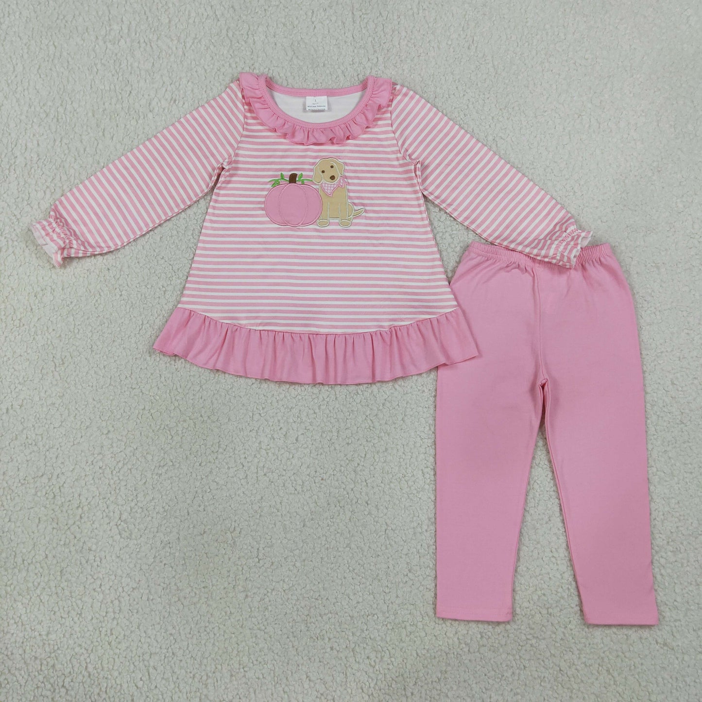 Sibling Baby Girls Pink Stripe Embroidery Dog Pumpkins Tunic Leggings Fall Set Rompers