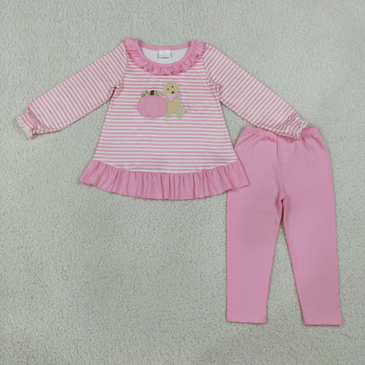Embroidery Pumpkins Dogs Baby Girls Pink Stripe Tunic Leggings Fall Clothes Sets