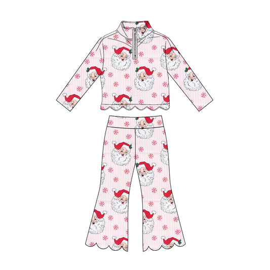 Preorder moq 5 Baby Girls Snows Santa Zip Pullover Flare Pant Christmas Scallop Sets