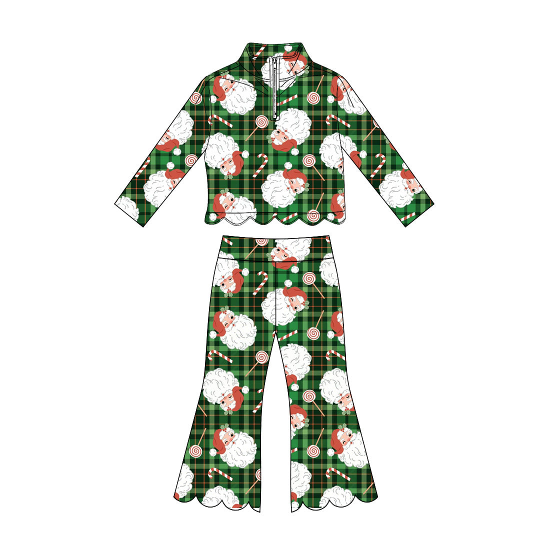 Preorder moq 5 Baby Girls Candy Cane Santa Zip Pullover Flare Pant Christmas Scallop Sets