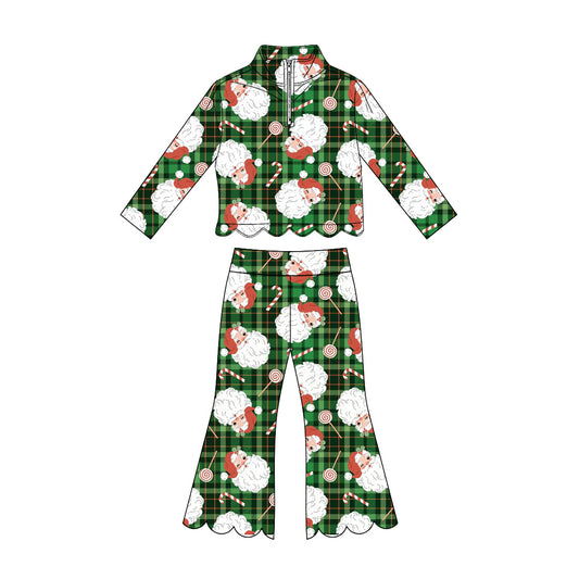 Preorder moq 5 Baby Girls Candy Cane Santa Zip Pullover Flare Pant Christmas Scallop Sets