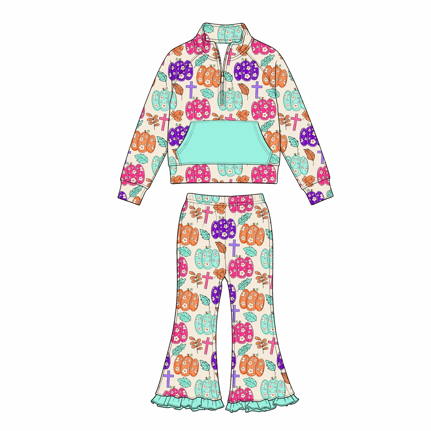 Preorder moq 5 Baby Girls Flowers Pumpkins Zip Pockets Pullover Flare Pant Fall Clothes Set