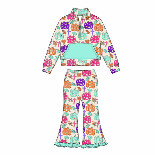 Preorder moq 5 Baby Girls Flowers Pumpkins Zip Pockets Pullover Flare Pant Fall Clothes Set