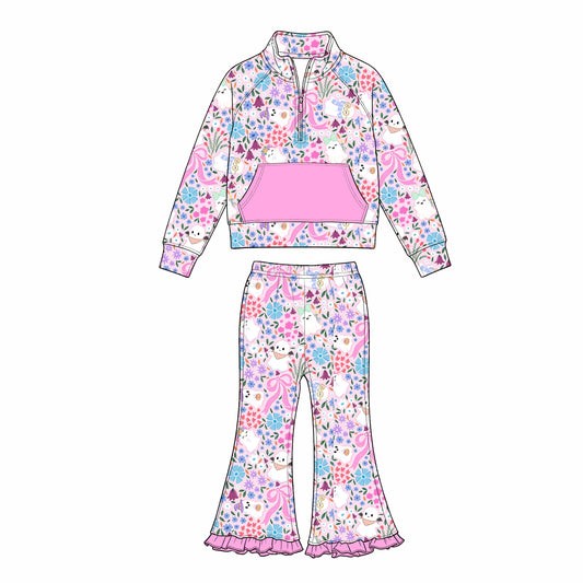 Preorder moq 5 Baby Girls Flowers Ghosts Zip Pockets Pullover Flare Pant Halloween Clothes Set