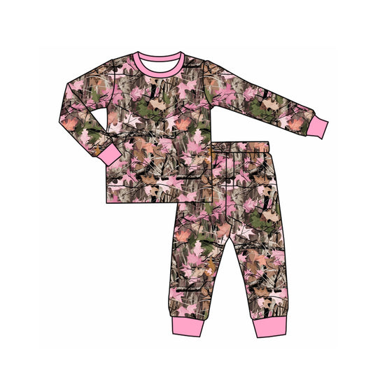 Preorder moq 5 Baby Girls Pink Brown Leaves Camo Top Pant Pajamas Set
