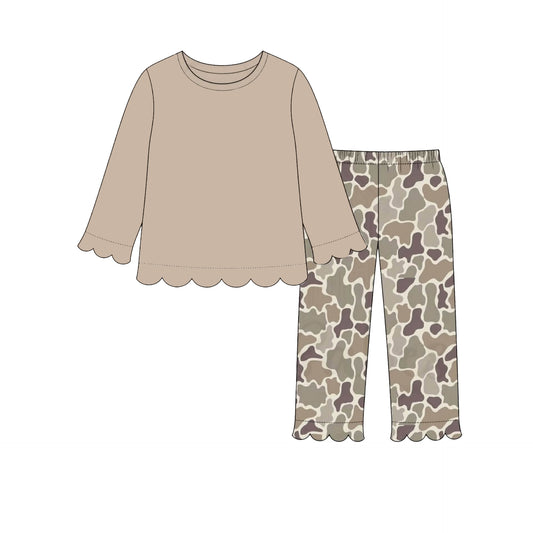 Preorder moq 5 Baby Girls Khaki Shirt Top Camo Pant Scallop Clothes Set