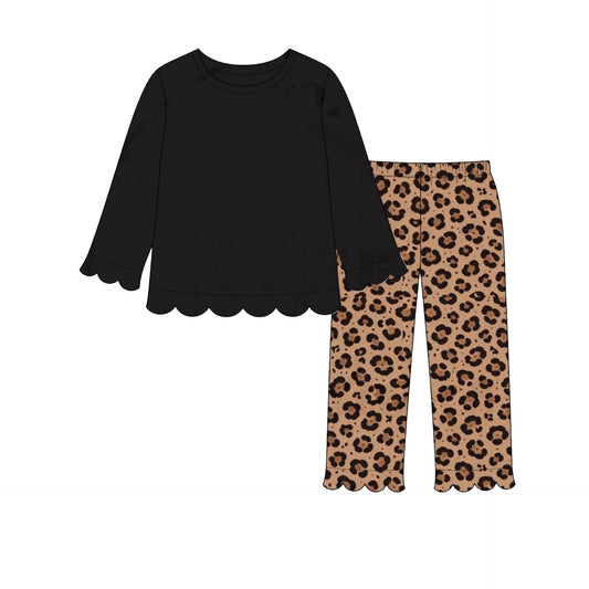 Preorder moq 5 Baby Girls Black Shirt Top Leopard Pant Scallop Clothes Set