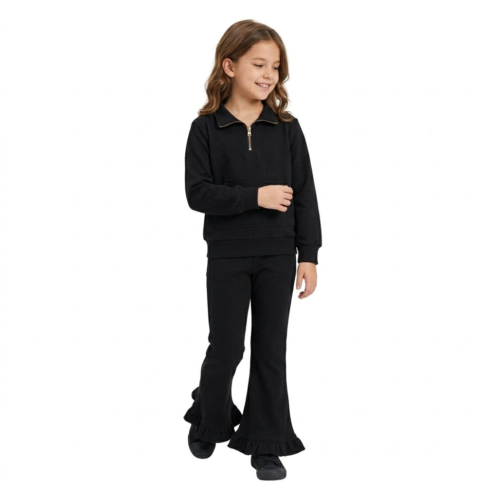 Baby Girls Black Zip Pockets Top Ruffle Flare Pant Sweater Clothes Set