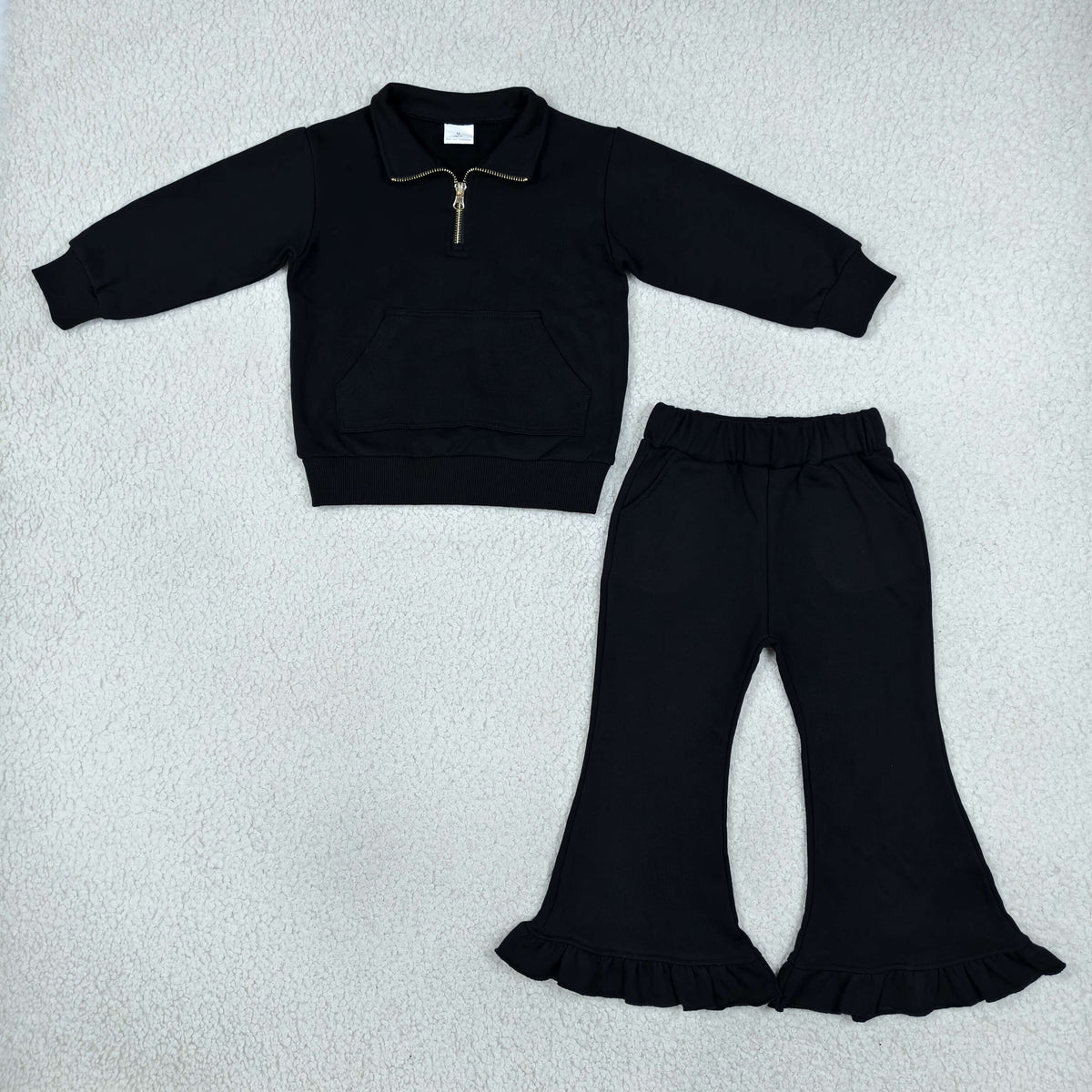Baby Girls Black Zip Pockets Top Ruffle Flare Pant Sweater Clothes Set