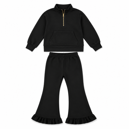 Preorder moq 5 Baby Girls Black Zip Pockets Top Flare Ruffle Pant Sweater Fabric Clothes Set