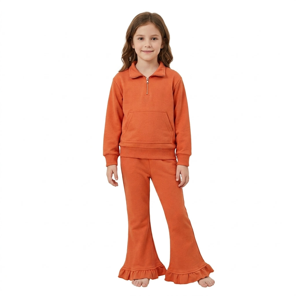 Baby Girls Orange Zip Pockets Top Ruffle Flare Pant Sweater Clothes Set