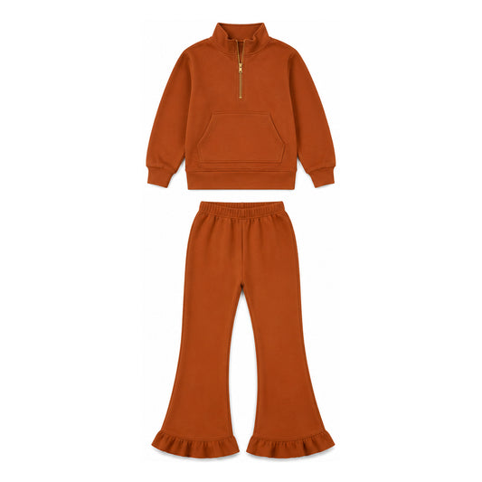 Preorder moq 5 Baby Girls Khaki Zip Pockets Top Flare Ruffle Pant Sweater Fabric Clothes Set