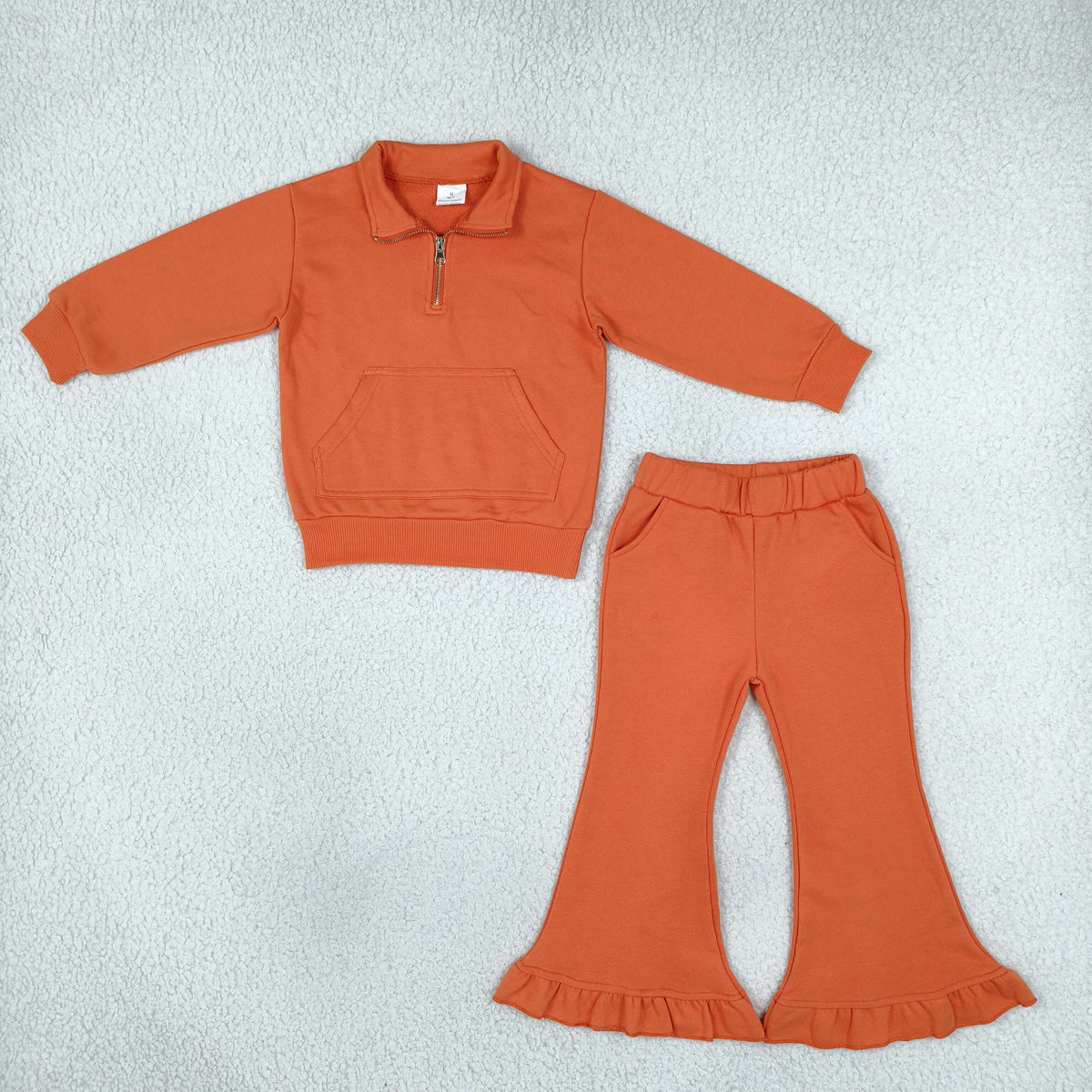 Baby Girls Orange Zip Pockets Top Ruffle Flare Pant Sweater Clothes Set