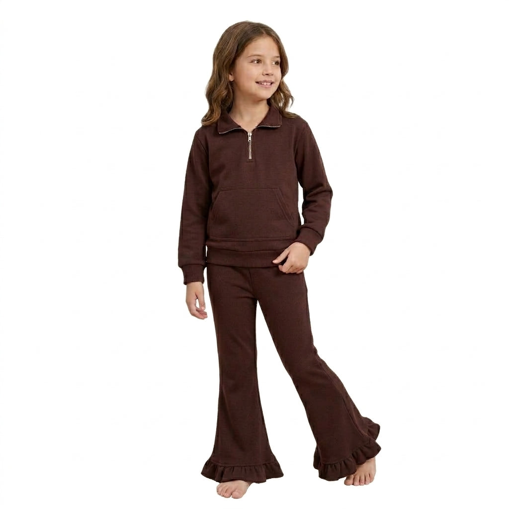 Baby Girls Brown Zip Pockets Top Ruffle Flare Pant Sweater Clothes Set