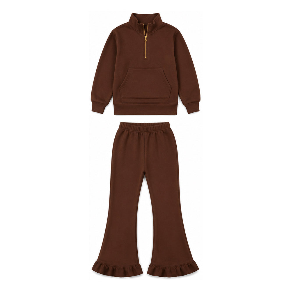 Preorder moq 5 Baby Girls Brown Zip Pockets Top Flare Ruffle Pant Sweater Fabric Clothes Set