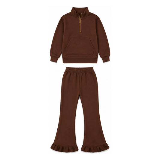 Preorder moq 5 Baby Girls Brown Zip Pockets Top Flare Ruffle Pant Sweater Fabric Clothes Set