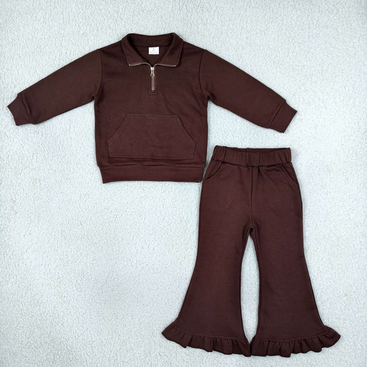 Baby Girls Brown Zip Pockets Top Ruffle Flare Pant Sweater Clothes Set