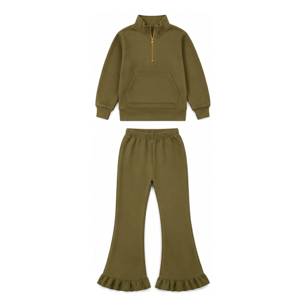 Preorder moq 5 Baby Girls Olive Zip Pockets Top Flare Ruffle Pant Sweater Fabric Clothes Set