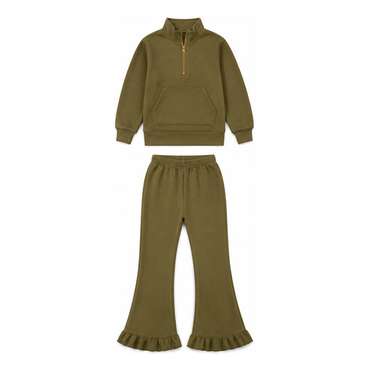 Preorder moq 5 Baby Girls Olive Zip Pockets Top Flare Ruffle Pant Sweater Fabric Clothes Set