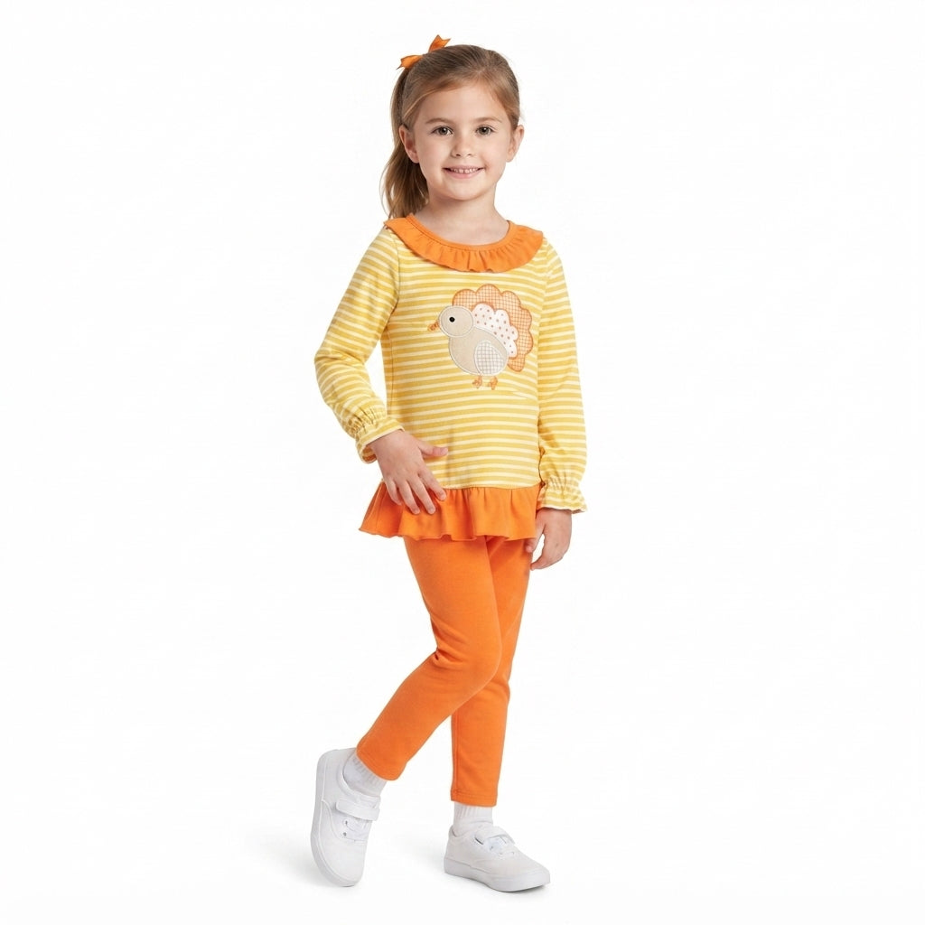 Embroidery Turkey Baby Girls Orange Stripe Tunic Leggings Thanksgivings Clothes Sets